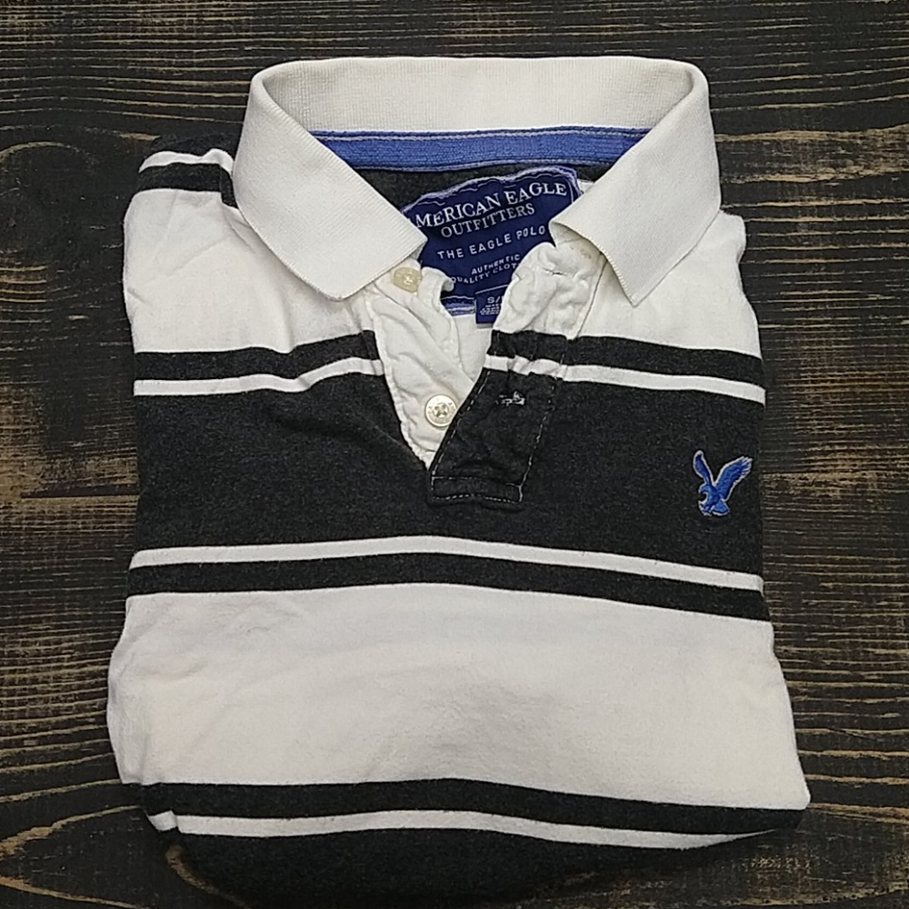 American Eagle | Black & White Striped Polo